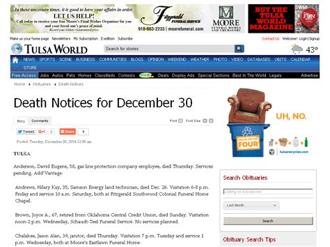 Tulsa World obits are an excellent source of information about those . . Tulsa world death notices